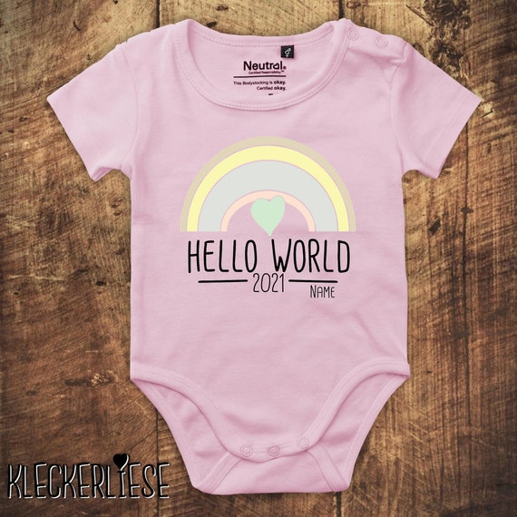 kleckerliese Babybody Body mit Wunschname "Hello World 2021 Wunschname" Fair Wear, Bio, Organic Baby Jungen Mädchen