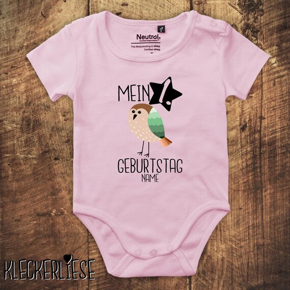 kleckerliese Babybody Body mit Wunschname "Mein 1. Geburtstag Vogel mit Wunschname" Fair Wear, Bio, Organic Baby Jungen Mädchen