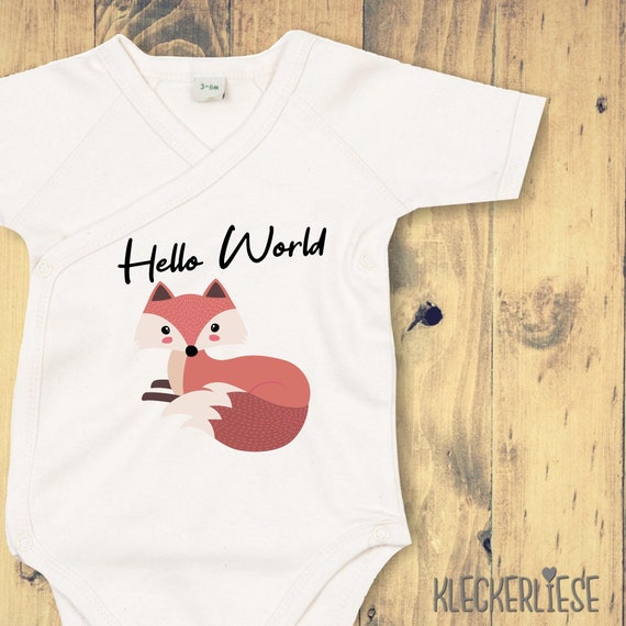 kleckerliese Wickel Baby Body "Hello World Fuchs" Babybody Strampler Wickelbody Organic Kimono Kurzarm