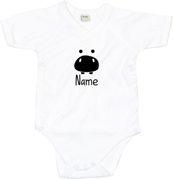 kleckerliese Wickel Baby Body "Tiere Flusspferd Hippo Wunschname" Babybody Strampler Wickelbody Organic Kimono Kurzarm