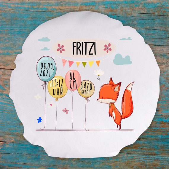 personalisierbarer Kissenbezug Fuchs  zur Geburt mit Wunschname, Datum, Uhrzeit, Gewicht und Größe Kuschelkissen vers. Formen Geschenk Taufe
