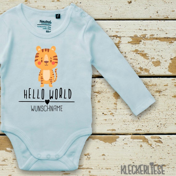 Langarm Body mit Wunschname Babybody "Hello World Tiger Wunschname" Fair Wear Bio Organic