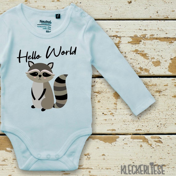 Langarm Body Babybody "Hello World Waschbär" Fair Wear Bio Organic