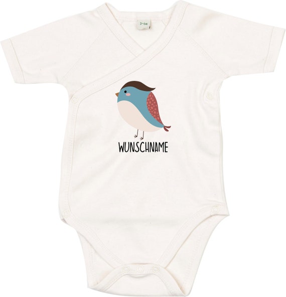 kleckerliese Wickel Baby Body "Wunschname Vogel" Babybody Strampler Wickelbody Organic Kimono Kurzarm