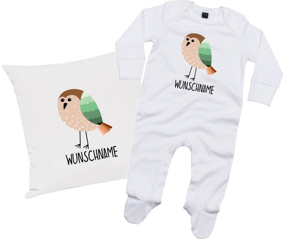 kleckerliese Geschenkset Geburt Kissen Schlafanzug mit Tiermotiv "Vogel" Fair Wear mit Kissenfüllung