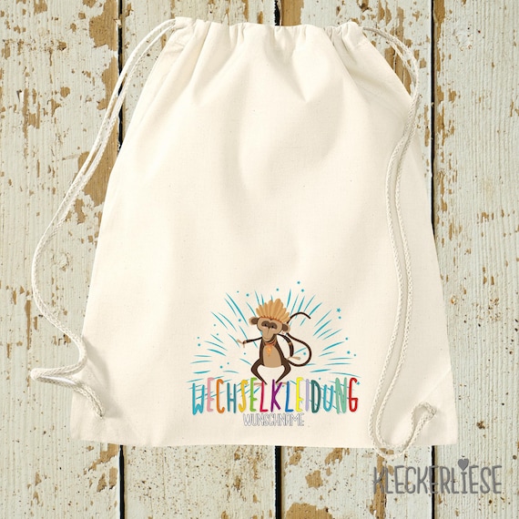 Kleckerliese Turnbeutel "Wechselkleidung Affe Wunschname" Rucksack Bag Stoffbeutel Gymsack Kita Schule  Einschulung Wechselsachen 27 Farben
