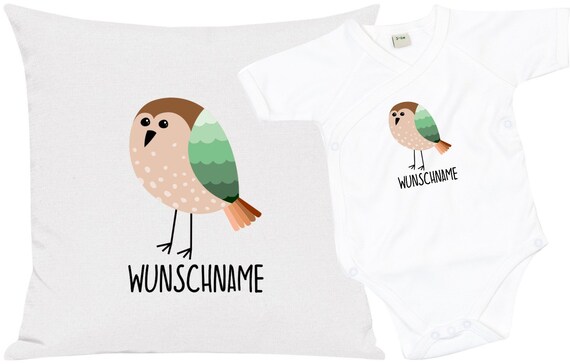 kleckerliese Geschenkset Geburt Kissen Body mit Tiermotiv "Vogel" Fair Wear mit Kissenfüllung