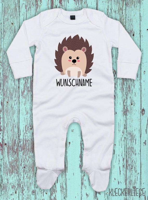 Kleckerliese Baby Schlafanzug mit Wunschnamen "Wunschname Igel" Sleepsuit Langarm Jungen Mädchen Einteiler Strampler