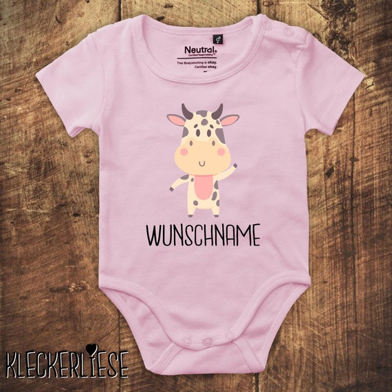 kleckerliese Babybody Body mit Wunschname "Tiermotiv mit Wunschnamen Kuh Bulle" Fair Wear, Bio, Organic Baby Jungen Mädchen