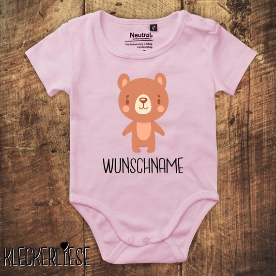 kleckerliese Babybody Body mit Wunschname "Tiermotiv mit Wunschnamen Bär Braunbär" Fair Wear, Bio, Organic Baby Jungen Mädchen