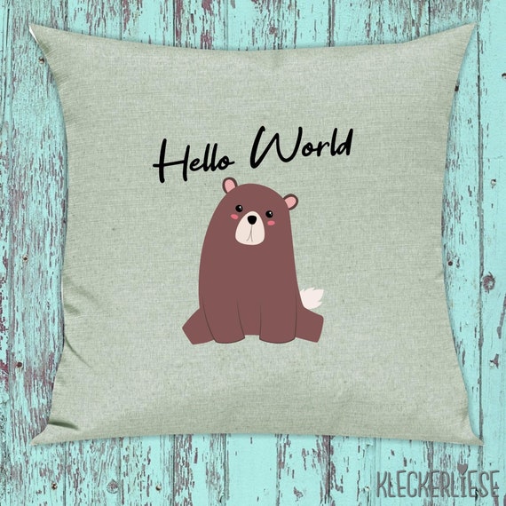 kleckerliese Kissen "Hello World Bär" Kissenhülle Deko Sofa Kuschelkissen Dekoidee