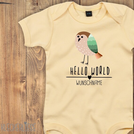 Baby Body mit Wunschtext "Hello World Vogel Wunschname" Babybody Strampler Jungen Mädchen Kurzarm