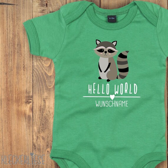 Baby Body mit Wunschtext "Hello World Waschbär Wunschname" Babybody Strampler Jungen Mädchen Kurzarm