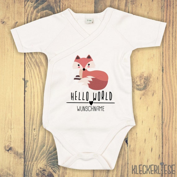 Wickelbody mit Wunschtext "Hello World Fuchs Wunschname" Babybody Strampler Wickelbody Organic Kimono Kurzarm Baby Body