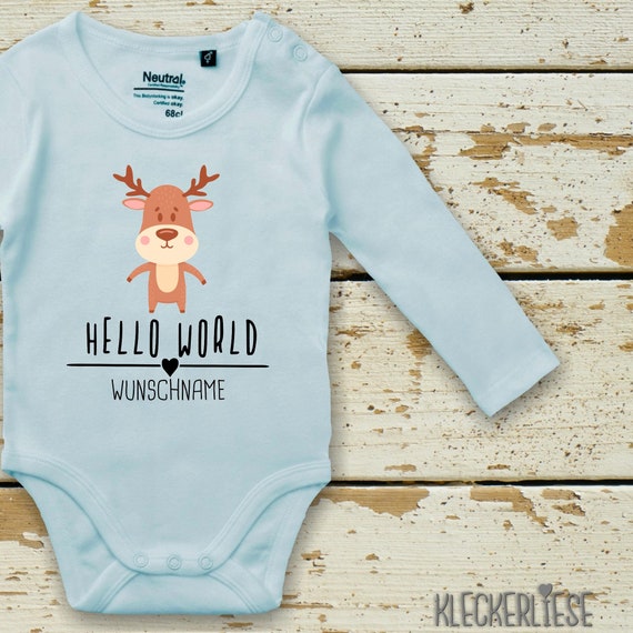 Langarm Body mit Wunschname Babybody "Hello World Elch Wunschname" Fair Wear Bio Organic