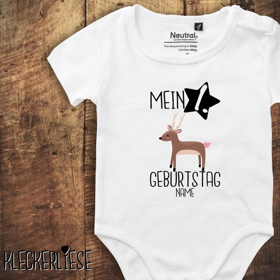 kleckerliese Babybody Body mit Wunschname "Mein 1. Geburtstag Reh mit Wunschname" Fair Wear, Bio, Organic Baby Jungen Mädchen