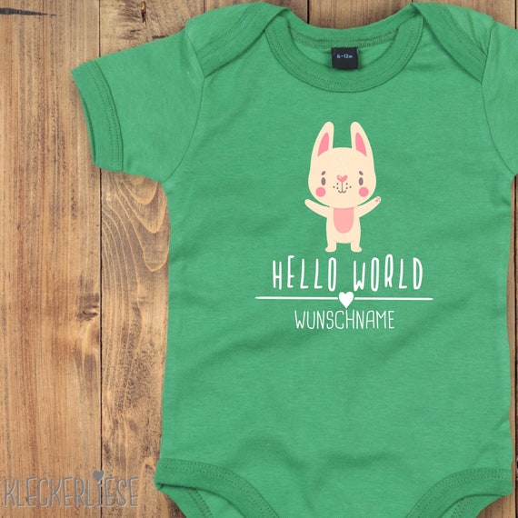 Baby Body mit Wunschtext "Hello World Hase Wunschname" Babybody Strampler Jungen Mädchen Kurzarm