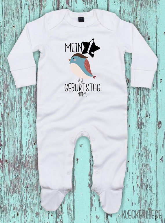 Baby Schlafanzug mit Wunschtext "Mein 1. Geburtstag Vogel mit Wunschname" Sleepsuit Langarm Jungen Mädchen Einteiler Strampler