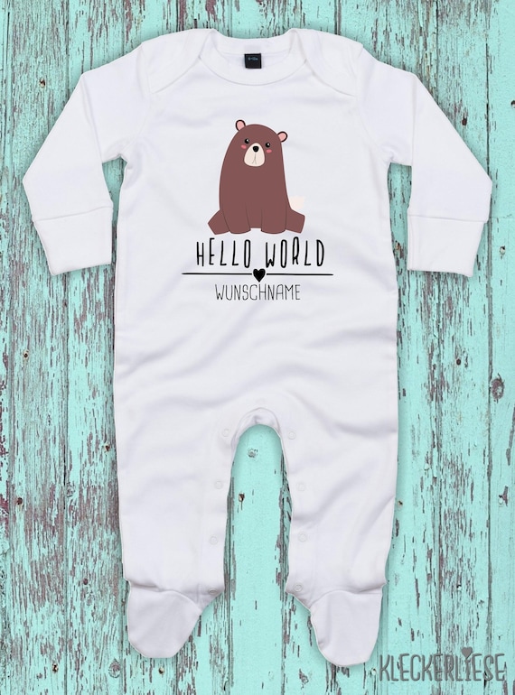 Baby Schlafanzug mit Wunschtext "Hello World Bär Wunschname" Sleepsuit Langarm Jungen Mädchen Einteiler Strampler
