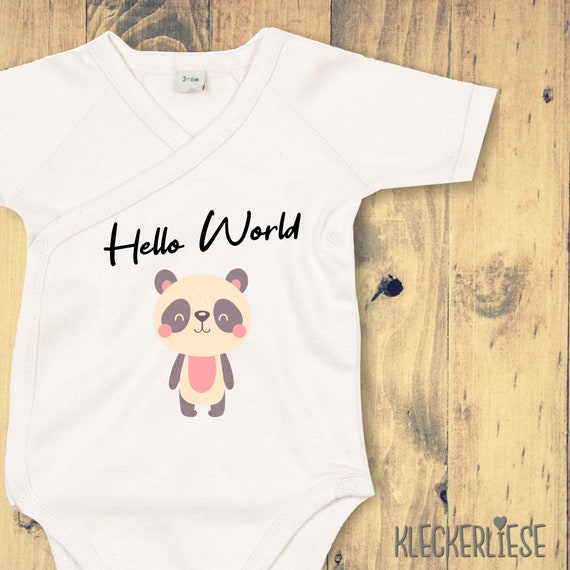 kleckerliese Wickel Baby Body "Hello World Pandabär" Babybody Strampler Wickelbody Organic Kimono Kurzarm