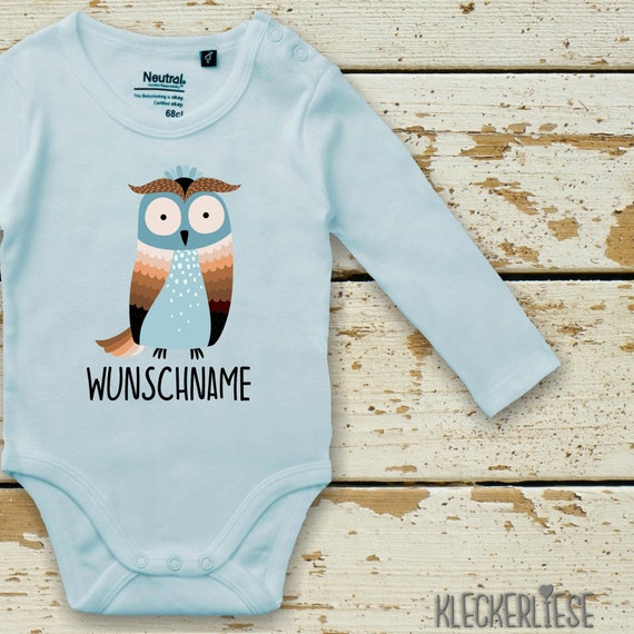 kleckerliese Langarm Babybody "Wunschname Eule" Baby Body Jungen Mädchen Longsleeve Fair Wear