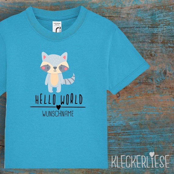 Kinder Baby Shirt mit Wunschname Kleinkind "Hello World Waschbär Wunschname" T-Shirt Jungen Mädchen