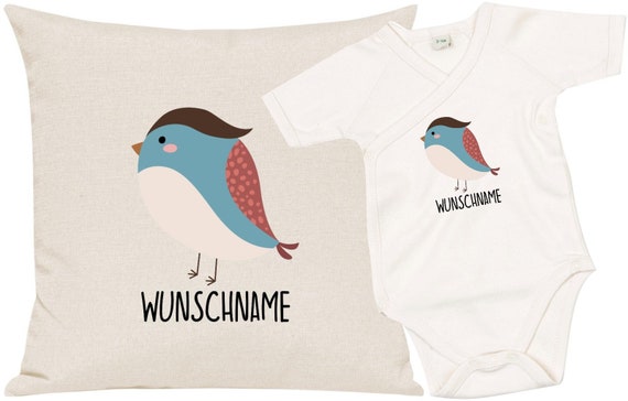 kleckerliese Geschenkset Geburt Kissen Body mit Tiermotiv "Vogel" Fair Wear mit Kissenfüllung