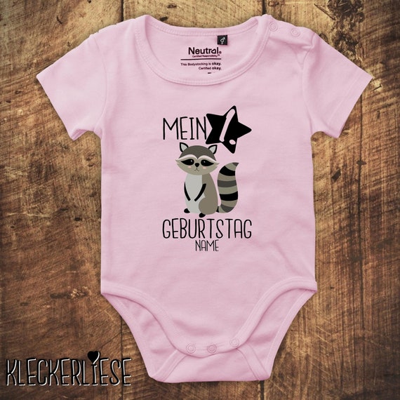 kleckerliese Babybody Body mit Wunschname "Mein 1. Geburtstag Waschbär mit Wunschname" Fair Wear, Bio, Organic Baby Jungen Mädchen