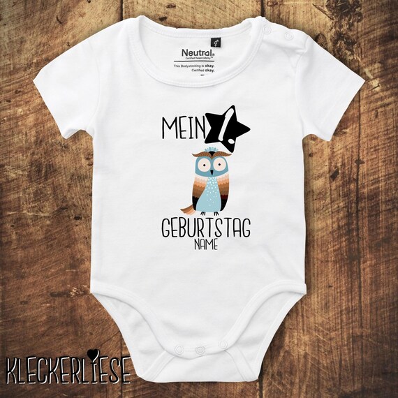 kleckerliese Babybody Body mit Wunschname "Mein 1. Geburtstag Eule mit Wunschname" Fair Wear, Bio, Organic Baby Jungen Mädchen