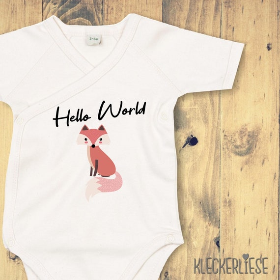 kleckerliese Wickel Baby Body "Hello World Fuchs" Babybody Strampler Wickelbody Organic Kimono Kurzarm