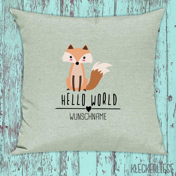 kleckerliese Kissen mit Wunschname "Hello World Fuchs Wunschname" Kissenhülle Deko Sofa Hülle Kissenbezug