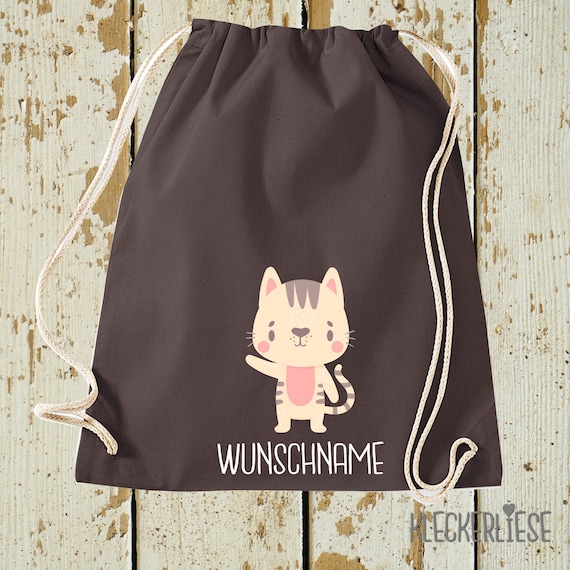 Kleckerliese Gymsack "Animal motif with desired name cat Mietze Cat" desired text name backpack bag fabric bag gym bag 27 colors