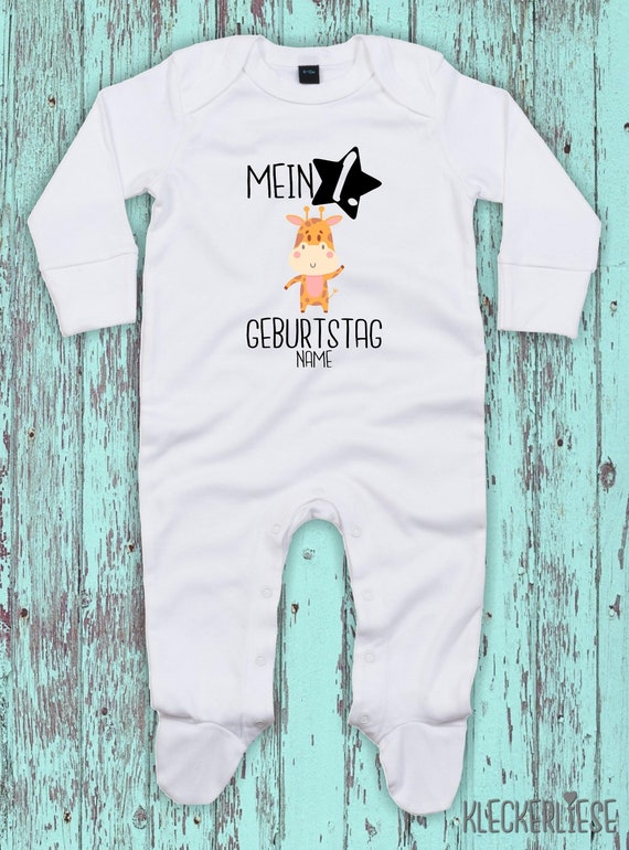 Baby Schlafanzug mit Wunschtext "Mein 1. Geburtstag Giraffe mit Wunschname" Sleepsuit Langarm Jungen Mädchen Einteiler Strampler