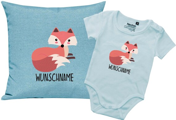 kleckerliese Geschenkset Geburt Kissen Body mit Tiermotiv "Fuchs" Fair Wear mit Kissenfüllung