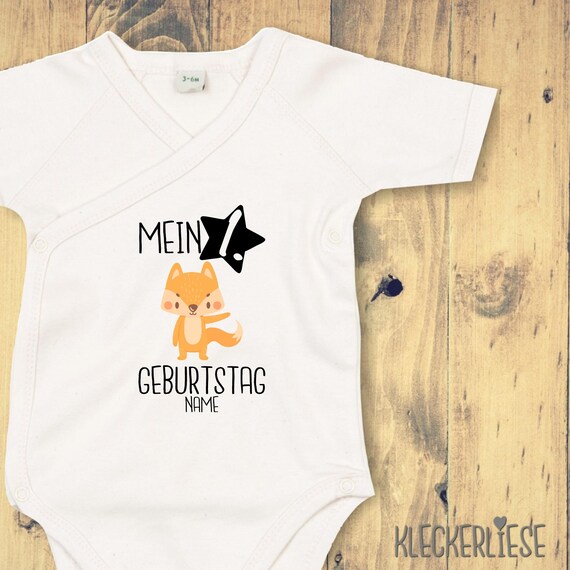 Wickelbody mit Wunschtext "Mein 1. Geburtstag Fuchs mit Wunschname" Babybody Strampler Wickelbody Organic Kimono Kurzarm Baby Body