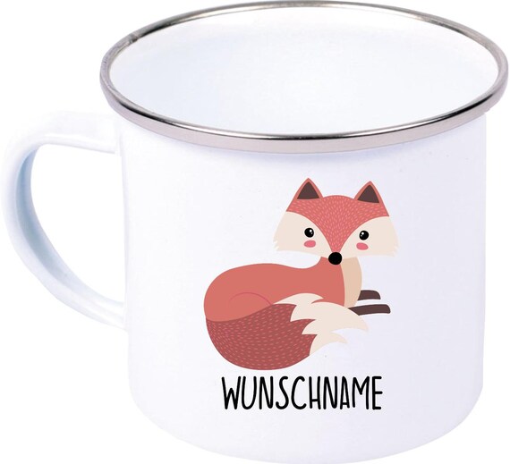 kleckerliese Emaille Kindertasse mit Wunschnamen Teetasse Tasse Motiv Tiermotive Tiere mit Camping Zelten Retro Becher