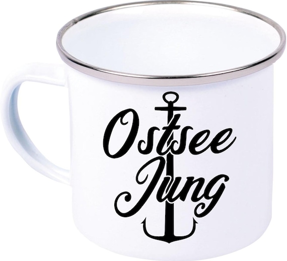 kleckerliese Emaille Kindertasse Teetasse Tasse "Ostsee Jung Anker" Camping Zelten Retro Becher