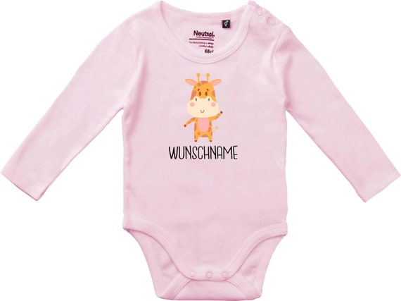 kleckerliese Langarm Babybody "Tiermotiv mit Wunschnamen Giraffe" mit Wunschtext oder Name Baby Body Jungen Mädchen Longsleeve Fair Wear