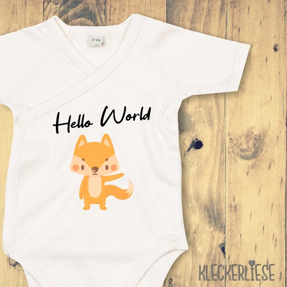 kleckerliese Wickel Baby Body "Hello World Fuchs" Babybody Strampler Wickelbody Organic Kimono Kurzarm