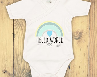 Wrap body with desired text "Hello World 2022 wish name" Babybody Romper Wrap Body Organic Kimono Short Sleeve Baby Body