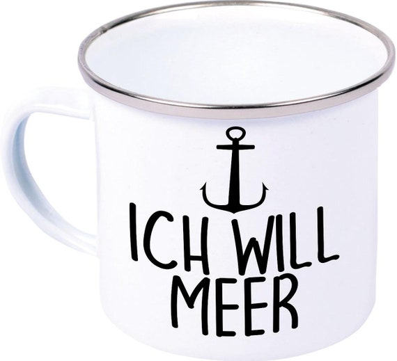 kleckerliese Emaille Kindertasse Teetasse Tasse "Ich will MEER Anker" Camping Zelten Retro Becher