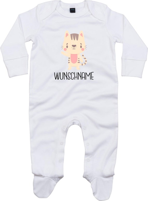 Kleckerliese Baby Schlafanzug mit Wunschnamen "Tiermotiv mit Wunschnamen Katze Mietze Cat" Sleepsuit Langarm Einteiler Strampler