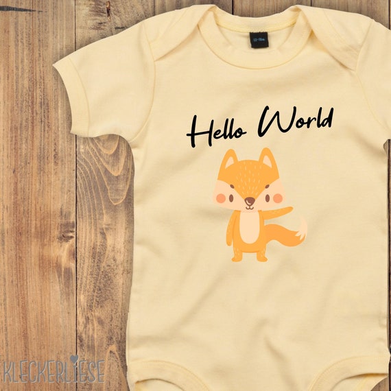 Baby Body "Hello World Fuchs" Babybody Strampler Jungen Mädchen Kurzarm