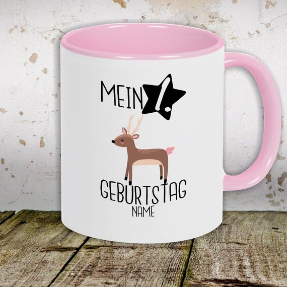 Kaffeetasse mit Wunschnamen Tasse Motiv "Mein 1. Geburtstag Reh mit Wunschname" Tasse Teetasse Milch Kakao