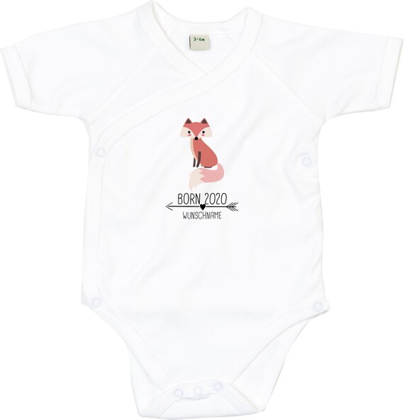 kleckerliese Wickel Baby Body "Born 2020 Tiermotiv Pfeil Wunschname Name Text Fuchs" Babybody Strampler Wickelbody Organic Kimono Kurzarm
