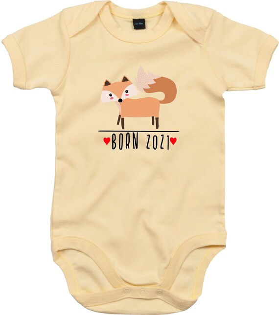 kleckerliese Baby Body "Born 2021 Tiermotiv Fuchs" Babybody Strampler Jungen Mädchen Kurzarm