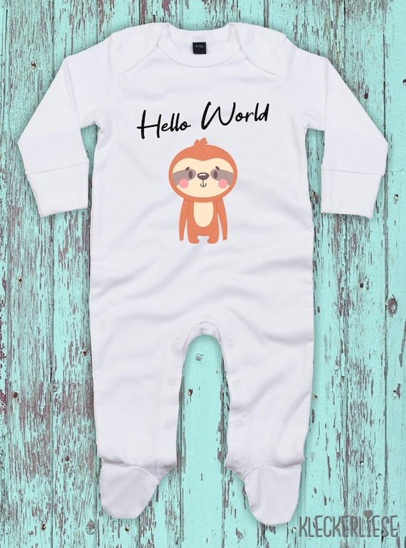 Kleckerliese Baby Schlafanzug "Hello World Faultier" Sleepsuit Langarm Jungen Mädchen Einteiler Strampler