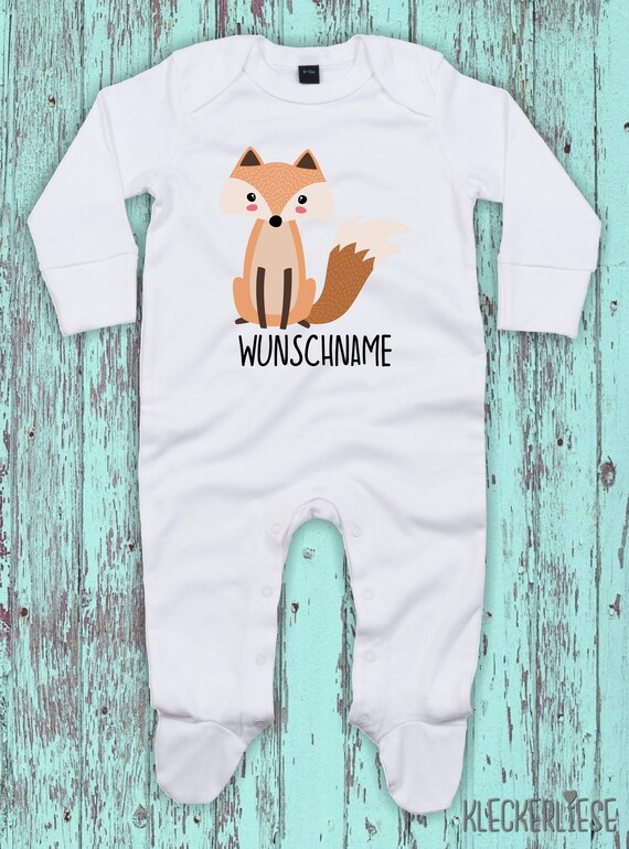 Kleckerliese Baby Schlafanzug mit Wunschnamen "Wunschname Fuchs" Sleepsuit Langarm Jungen Mädchen Einteiler Strampler