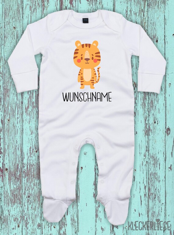 Baby Schlafanzug mit Wunschtext "Tiermotiv mit Wunschnamen Tiger" Sleepsuit Langarm Jungen Mädchen Einteiler Strampler