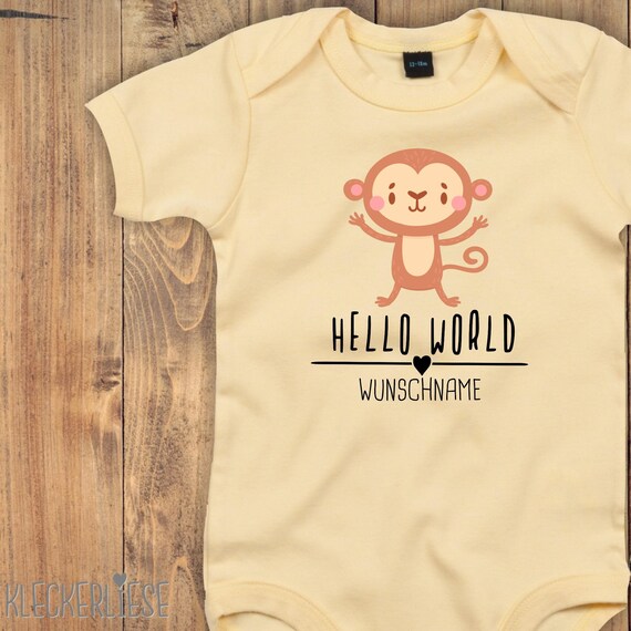 Baby Body mit Wunschtext "Hello World Affe Wunschname" Babybody Strampler Jungen Mädchen Kurzarm